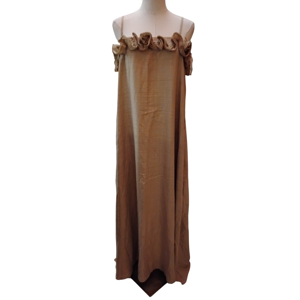 Ellings Tan Floral Rosette Top Tan Satin Maxi Dress Size Large NWT